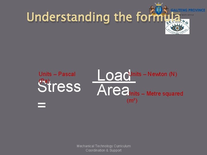 Understanding the formula Units – Pascal (Pa) Load Area Units – Newton (N) Stress