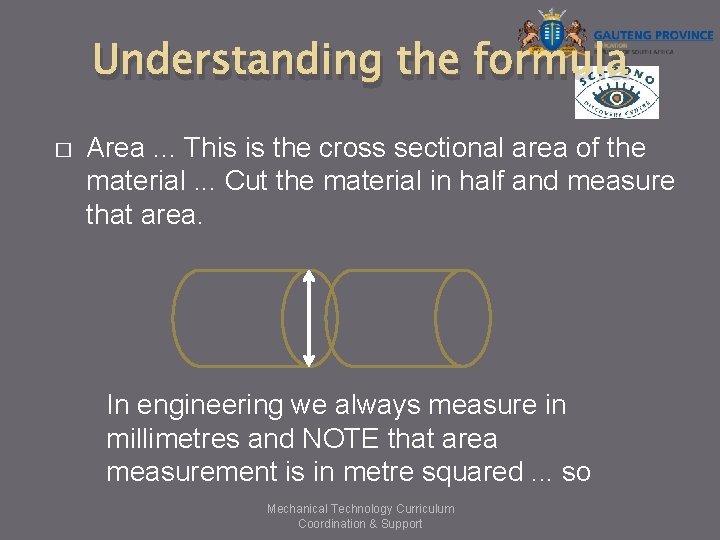Understanding the formula � Area. . . This is the cross sectional area of