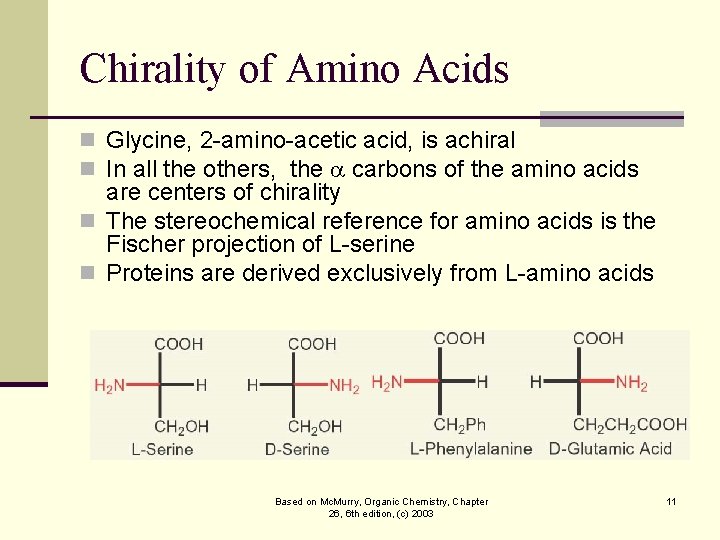 Chirality of Amino Acids n Glycine, 2 -amino-acetic acid, is achiral n In all