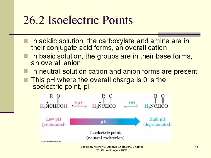 26. 2 Isoelectric Points n In acidic solution, the carboxylate and amine are in