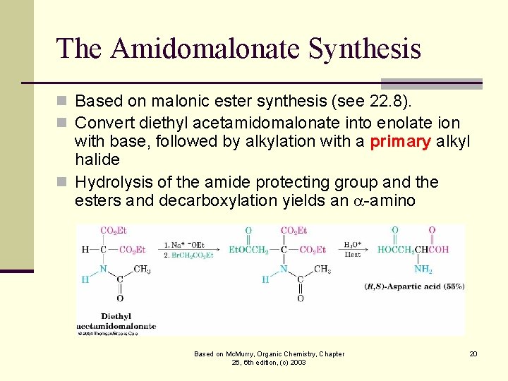 The Amidomalonate Synthesis n Based on malonic ester synthesis (see 22. 8). n Convert