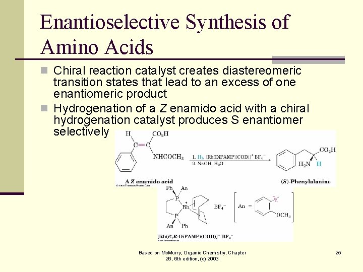 Enantioselective Synthesis of Amino Acids n Chiral reaction catalyst creates diastereomeric transition states that