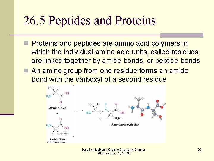 26. 5 Peptides and Proteins n Proteins and peptides are amino acid polymers in