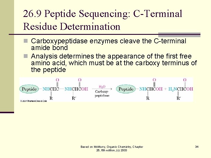 26. 9 Peptide Sequencing: C-Terminal Residue Determination n Carboxypeptidase enzymes cleave the C-terminal amide