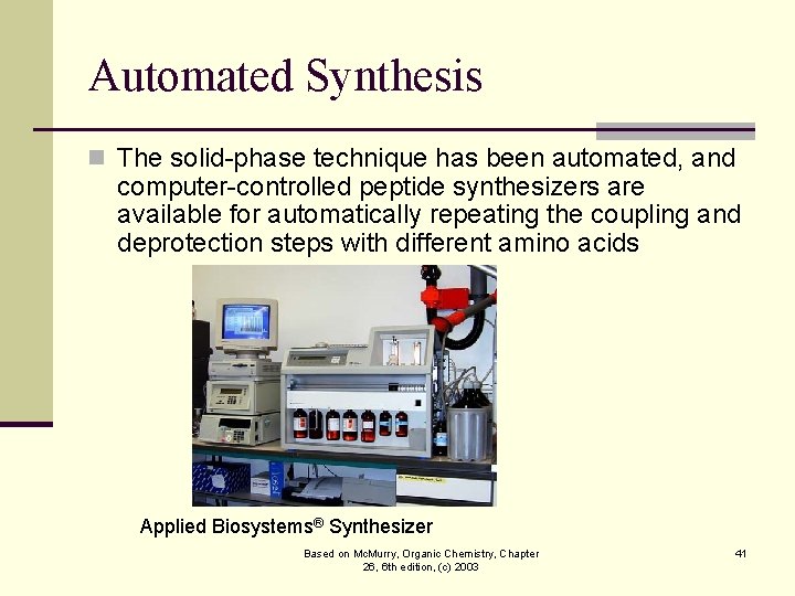 Automated Synthesis n The solid-phase technique has been automated, and computer-controlled peptide synthesizers are