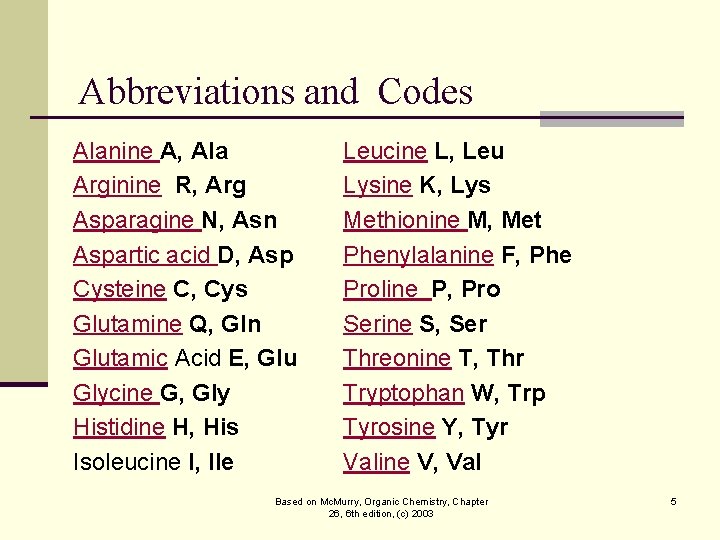 Abbreviations and Codes Alanine A, Ala Arginine R, Arg Asparagine N, Asn Aspartic acid