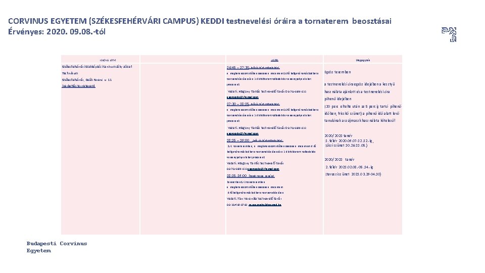 CORVINUS EGYETEM (SZÉKESFEHÉRVÁRI CAMPUS) KEDDI testnevelési óráira a tornaterem beosztásai Érvényes: 2020. 09. 08.