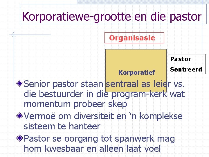 Korporatiewe-grootte en die pastor Organisasie Pastor Korporatief Sentreerd Senior pastor staan sentraal as leier