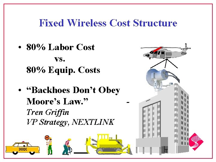 Fixed Wireless Cost Structure • 80% Labor Cost vs. 80% Equip. Costs • “Backhoes