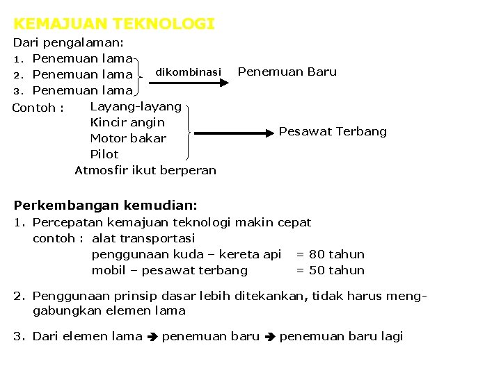 KEMAJUAN TEKNOLOGI Dari pengalaman: 1. Penemuan lama dikombinasi 2. Penemuan lama 3. Penemuan lama