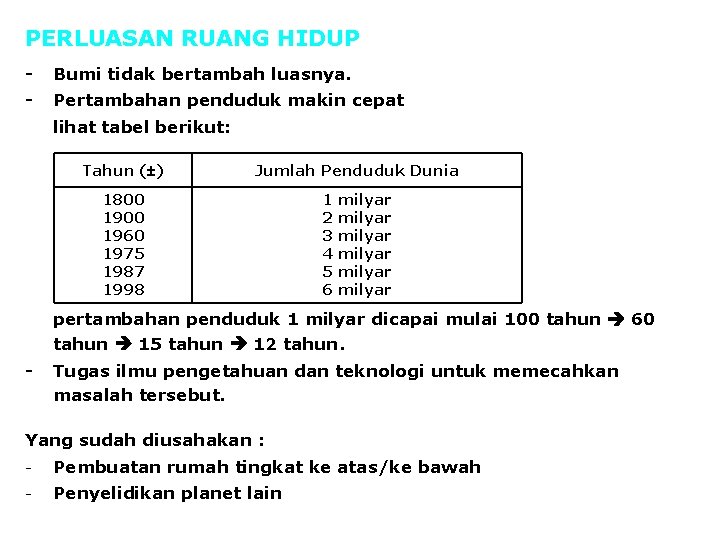 PERLUASAN RUANG HIDUP - Bumi tidak bertambah luasnya. - Pertambahan penduduk makin cepat lihat