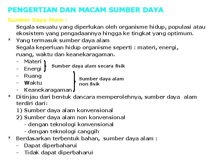 PENGERTIAN DAN MACAM SUMBER DAYA Sumber Daya Alam : * * * Segala sesuatu