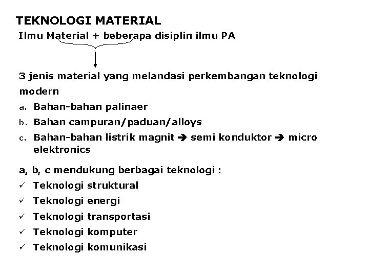 TEKNOLOGI MATERIAL Ilmu Material + beberapa disiplin ilmu PA 3 jenis material yang melandasi