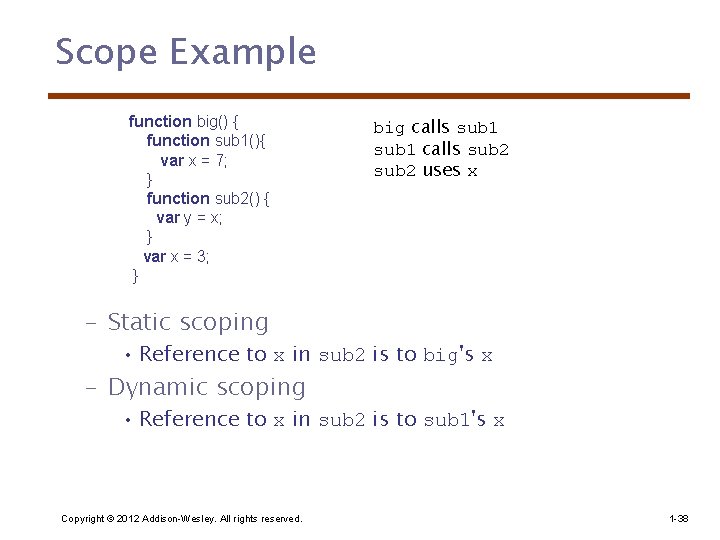 Scope Example function big() { function sub 1(){ var x = 7; } function