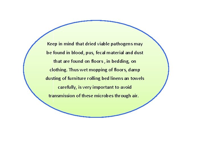 Keep in mind that dried viable pathogens may be found in blood, pus, fecal