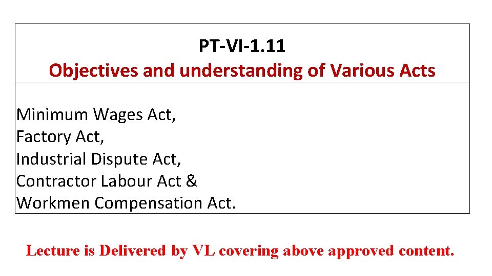 PT-VI-1. 11 Objectives and understanding of Various Acts Minimum Wages Act, Factory Act, Industrial