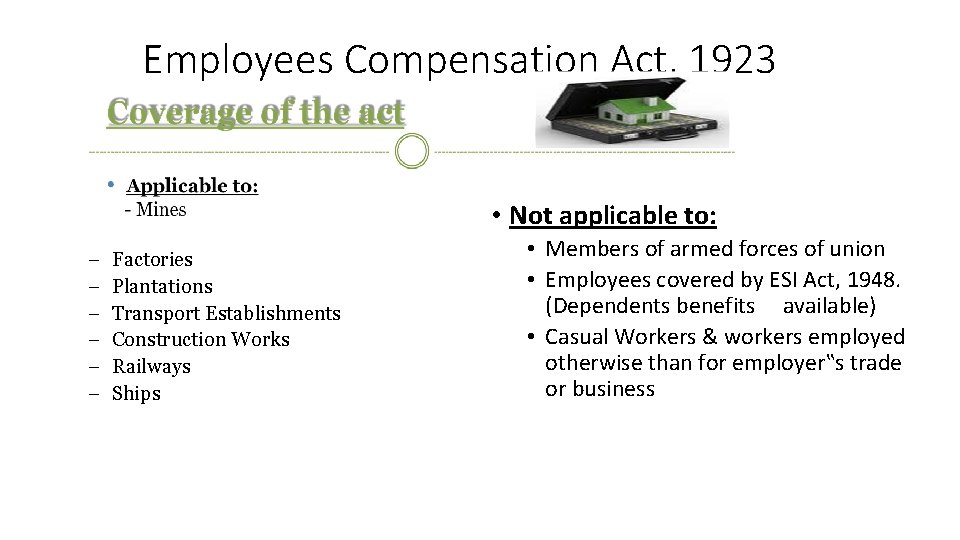 Employees Compensation Act, 1923 • Not applicable to: - Factories Plantations Transport Establishments Construction