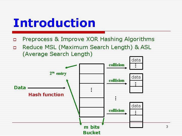 Introduction o o Preprocess & Improve XOR Hashing Algorithms Reduce MSL (Maximum Search Length)