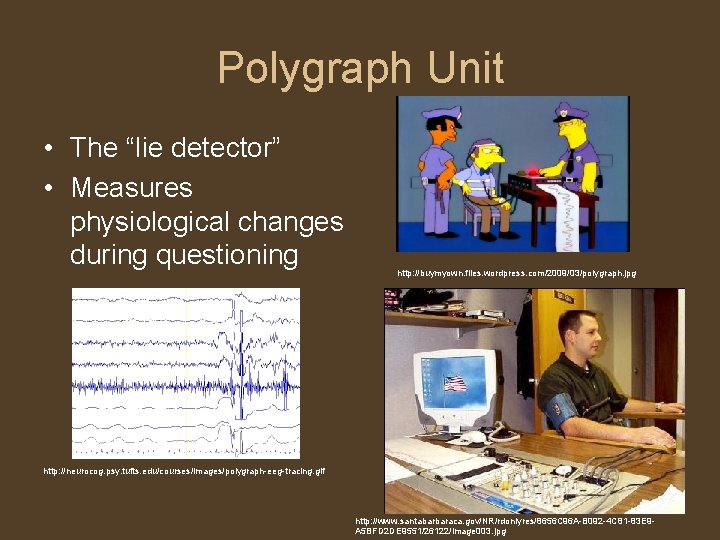 Polygraph Unit • The “lie detector” • Measures physiological changes during questioning http: //buymyown.