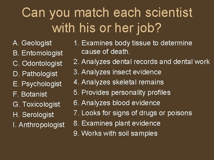 Can you match each scientist with his or her job? A. Geologist B. Entomologist