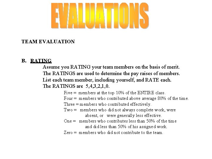 TEAM EVALUATION B. RATING Assume you RATING your team members on the basis of
