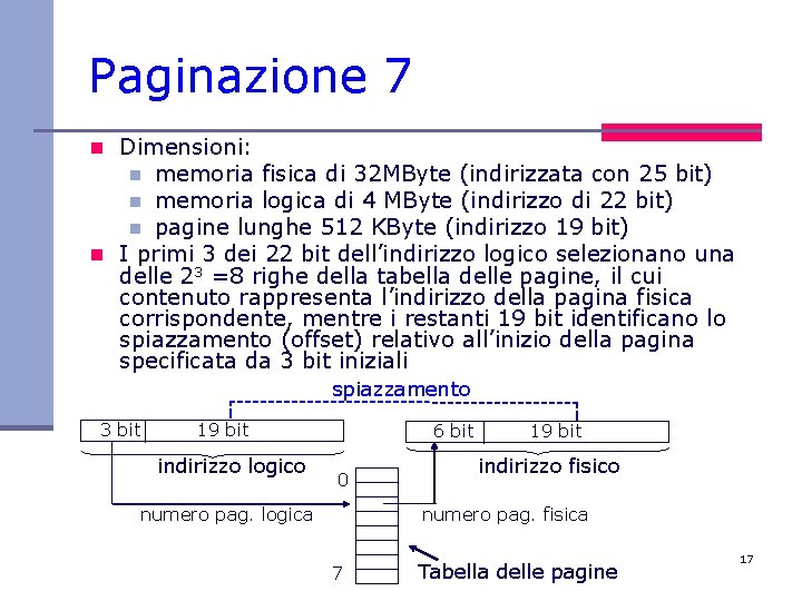 Paginazione 7 n Dimensioni: memoria fisica di 32 MByte (indirizzata con 25 bit) n