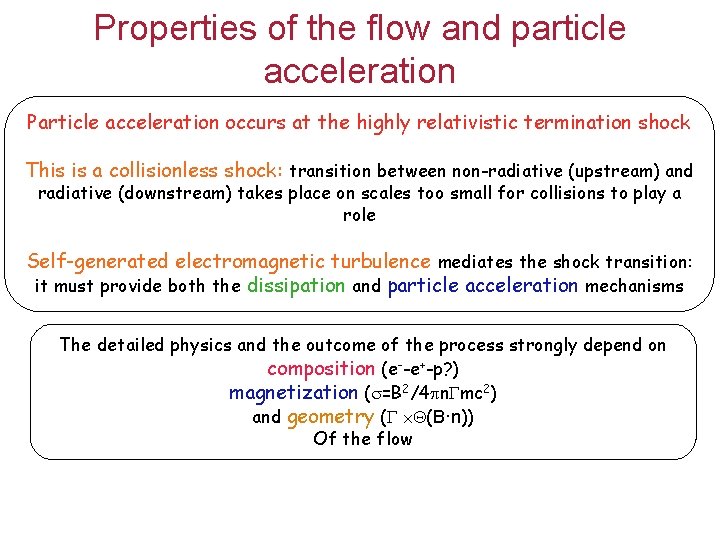 Properties of the flow and particle acceleration Particle acceleration occurs at the highly relativistic