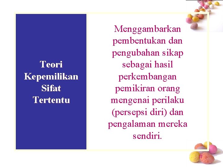 Teori Kepemilikan Sifat Tertentu Menggambarkan pembentukan dan pengubahan sikap sebagai hasil perkembangan pemikiran orang