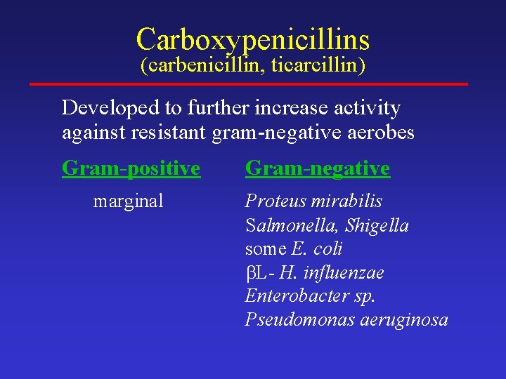 Carboxypenicillins (carbenicillin, ticarcillin) Developed to further increase activity against resistant gram-negative aerobes Gram-positive marginal
