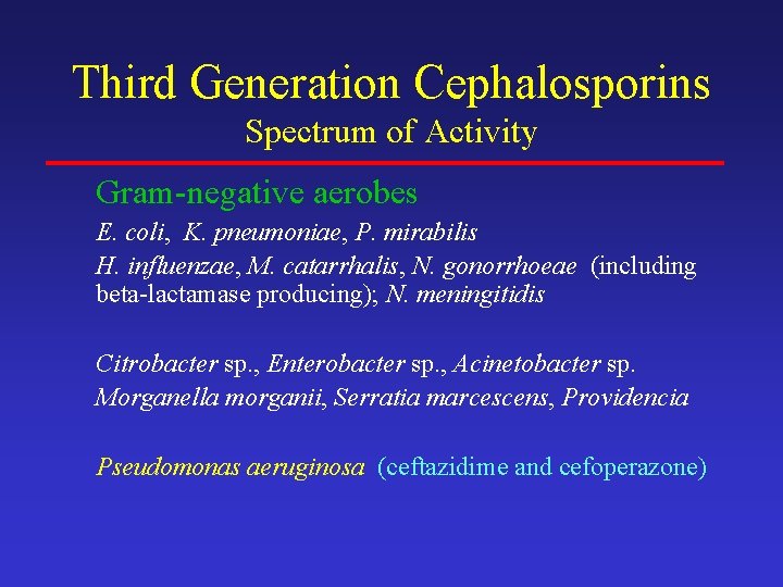 Third Generation Cephalosporins Spectrum of Activity Gram-negative aerobes E. coli, K. pneumoniae, P. mirabilis