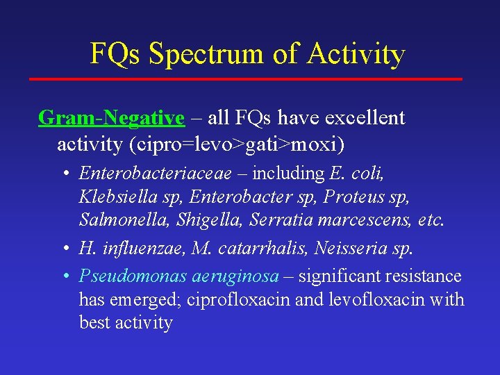 FQs Spectrum of Activity Gram-Negative – all FQs have excellent activity (cipro=levo>gati>moxi) • Enterobacteriaceae