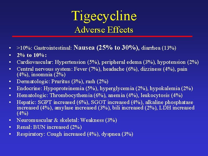 Tigecycline Adverse Effects • • • >10%: Gastrointestinal: Nausea (25% to 30%), diarrhea (13%)