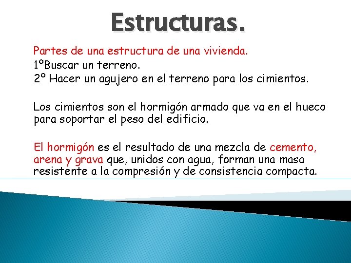 Estructuras. Partes de una estructura de una vivienda. 1ºBuscar un terreno. 2º Hacer un