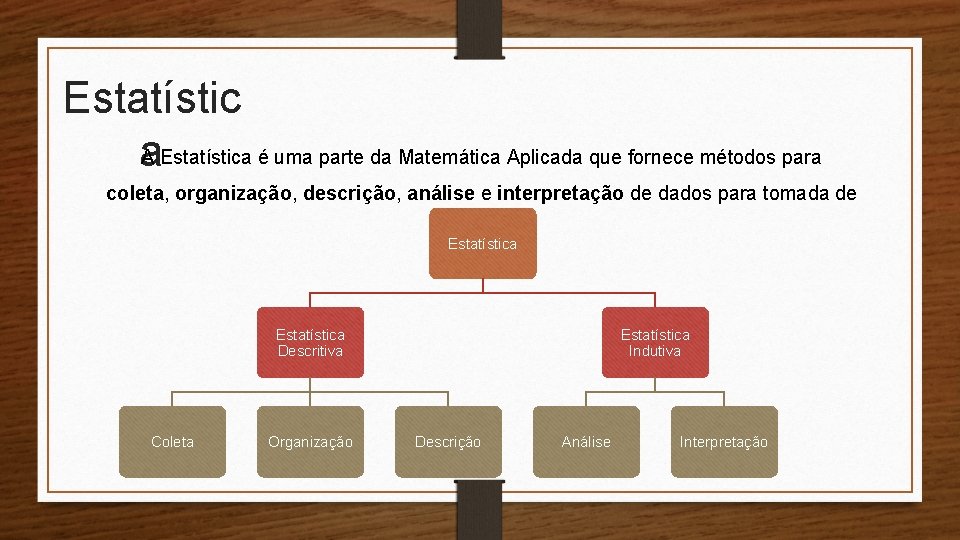 Estatístic A Estatística é uma parte da Matemática Aplicada que fornece métodos para a