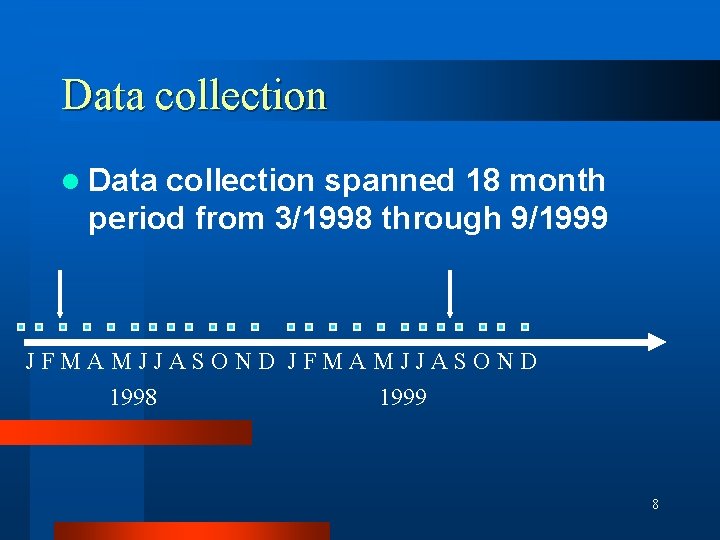 Data collection l Data collection spanned 18 month period from 3/1998 through 9/1999 J