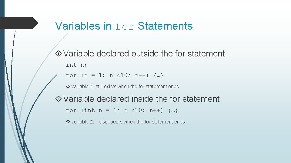 Variables in for Statements Variable declared outside the for statement int n; for (n