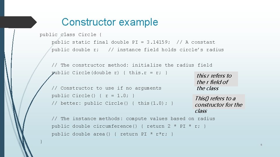 Constructor example public class Circle { public static final double PI = 3. 14159;