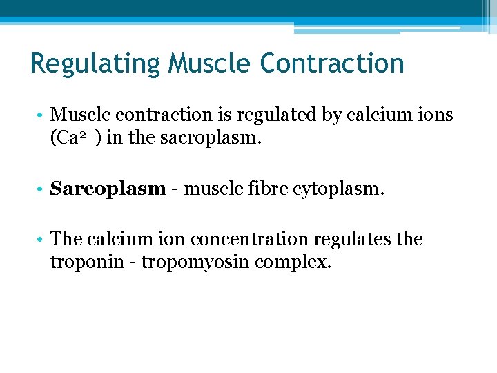 Regulating Muscle Contraction • Muscle contraction is regulated by calcium ions (Ca 2+) in