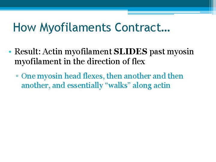 How Myofilaments Contract… • Result: Actin myofilament SLIDES past myosin myofilament in the direction