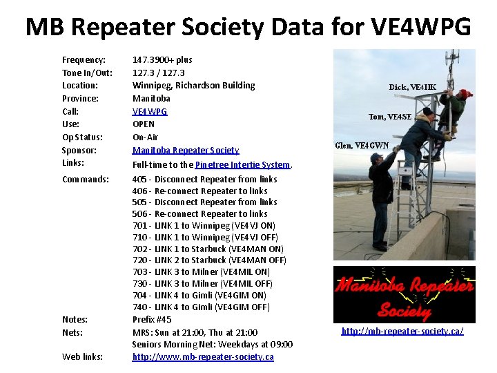 MB Repeater Society Data for VE 4 WPG Frequency: Tone In/Out: Location: Province: Call: