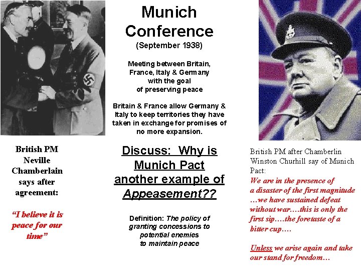 Munich Conference (September 1938) Meeting between Britain, France, Italy & Germany with the goal