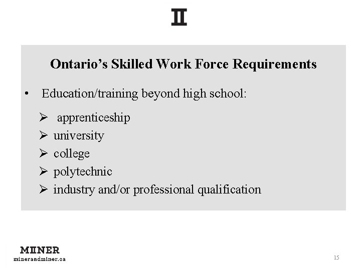 Ontario’s Skilled Work Force Requirements • Education/training beyond high school: Ø Ø Ø apprenticeship