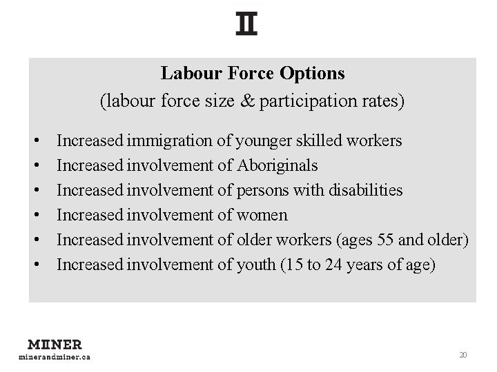 Labour Force Options (labour force size & participation rates) • • • Increased immigration