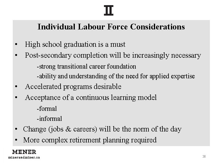 Individual Labour Force Considerations • High school graduation is a must • Post-secondary completion