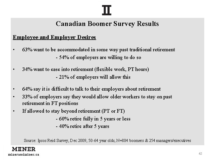 Canadian Boomer Survey Results Employee and Employer Desires • 63% want to be accommodated