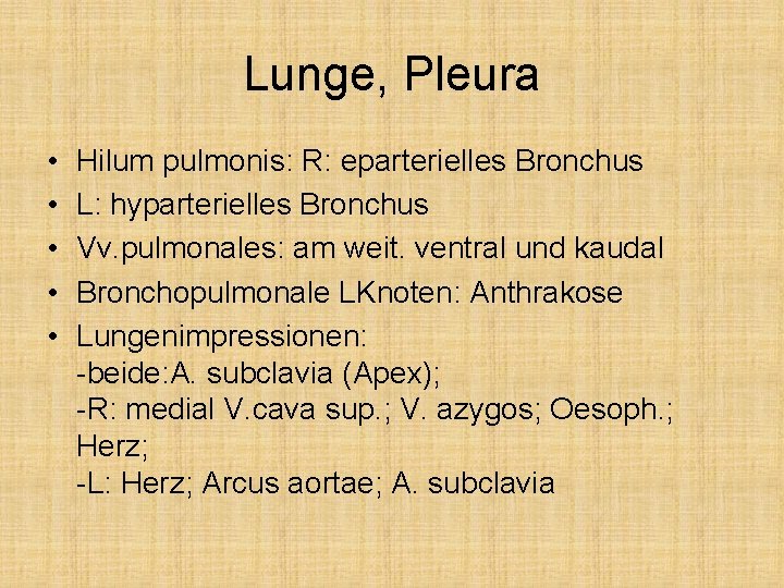 Lunge, Pleura • • • Hilum pulmonis: R: eparterielles Bronchus L: hyparterielles Bronchus Vv.