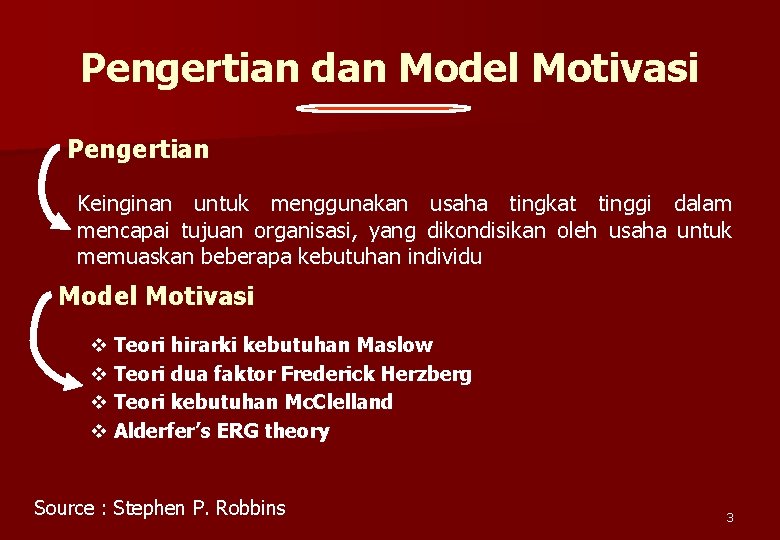 Pengertian dan Model Motivasi Pengertian Keinginan untuk menggunakan usaha tingkat tinggi dalam mencapai tujuan