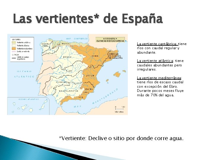 Las vertientes* de España La vertiente cantábrica: tiene ríos con caudal regular y abundante.
