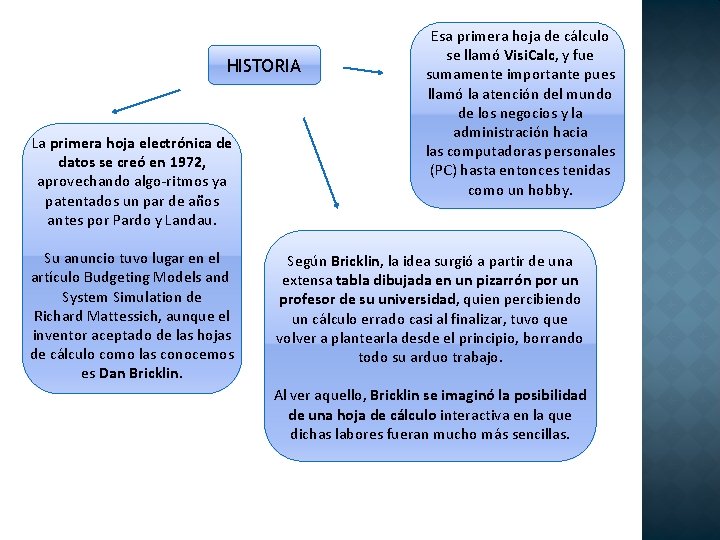 HISTORIA La primera hoja electrónica de datos se creó en 1972, aprovechando algo-ritmos ya