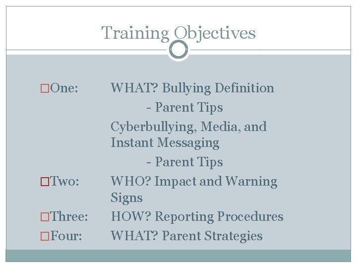 Training Objectives �One: �Two: �Three: �Four: WHAT? Bullying Definition - Parent Tips Cyberbullying, Media,